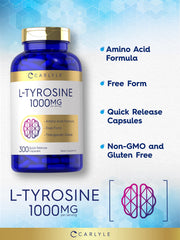 Carlyle Tyrosine label detail highlighting non-GMO and gluten-free formula.