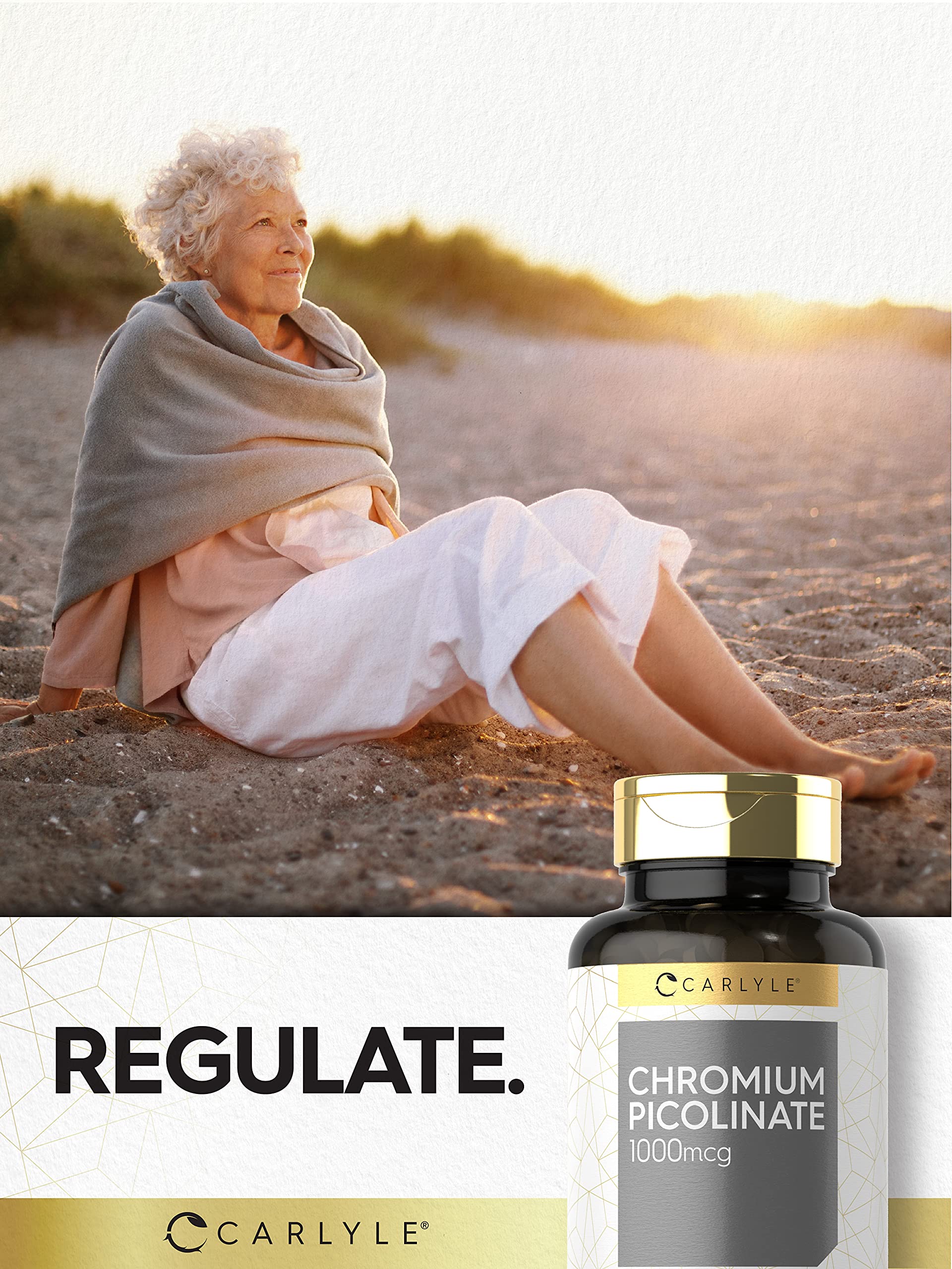 Carlyle Ultra Chromium Picolinate glass bottle mockup signals premium packaging.