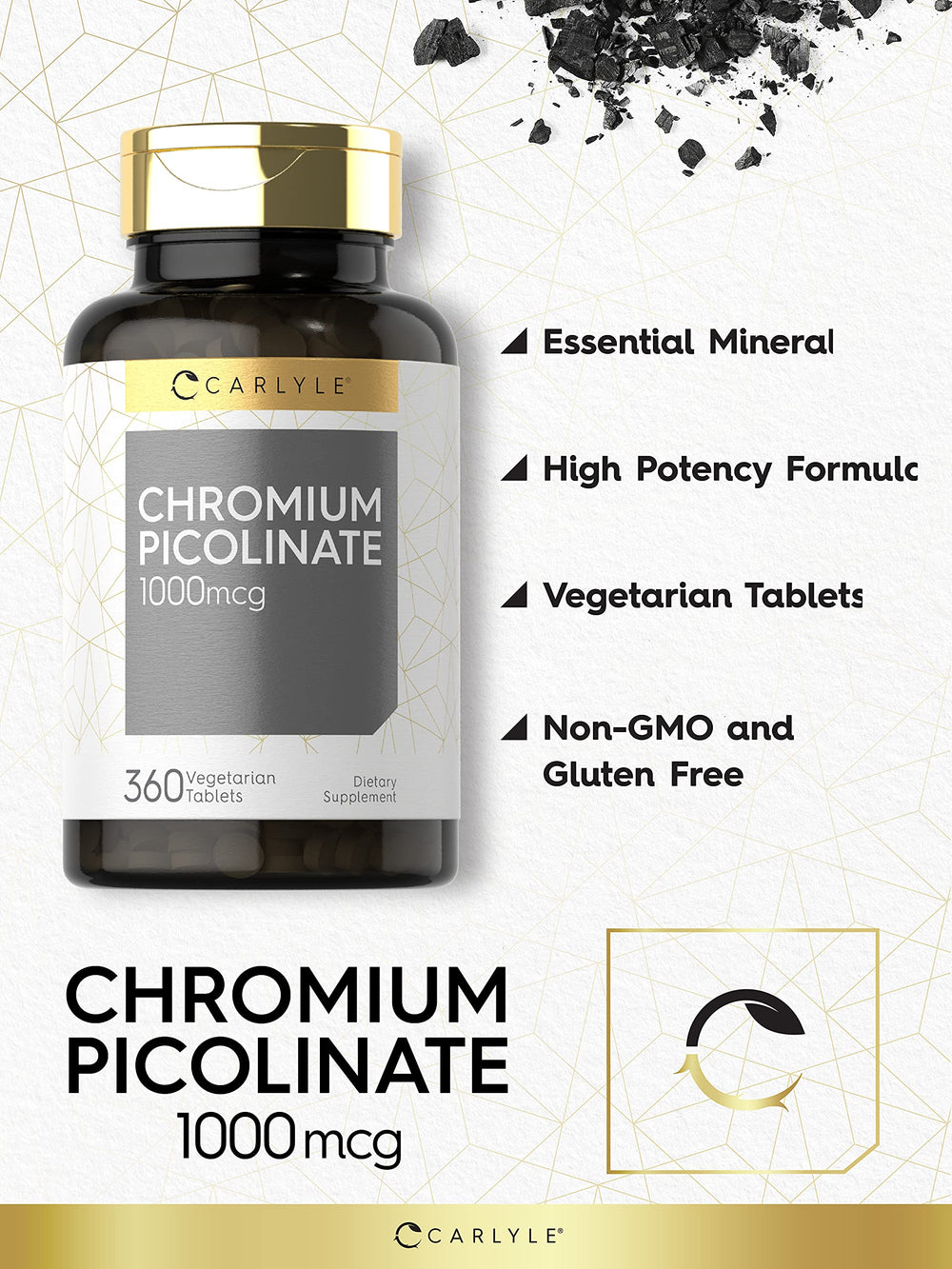 Carlyle Ultra Chromium Picolinate nutrition label reveals gluten-free and non-GMO ingredients.