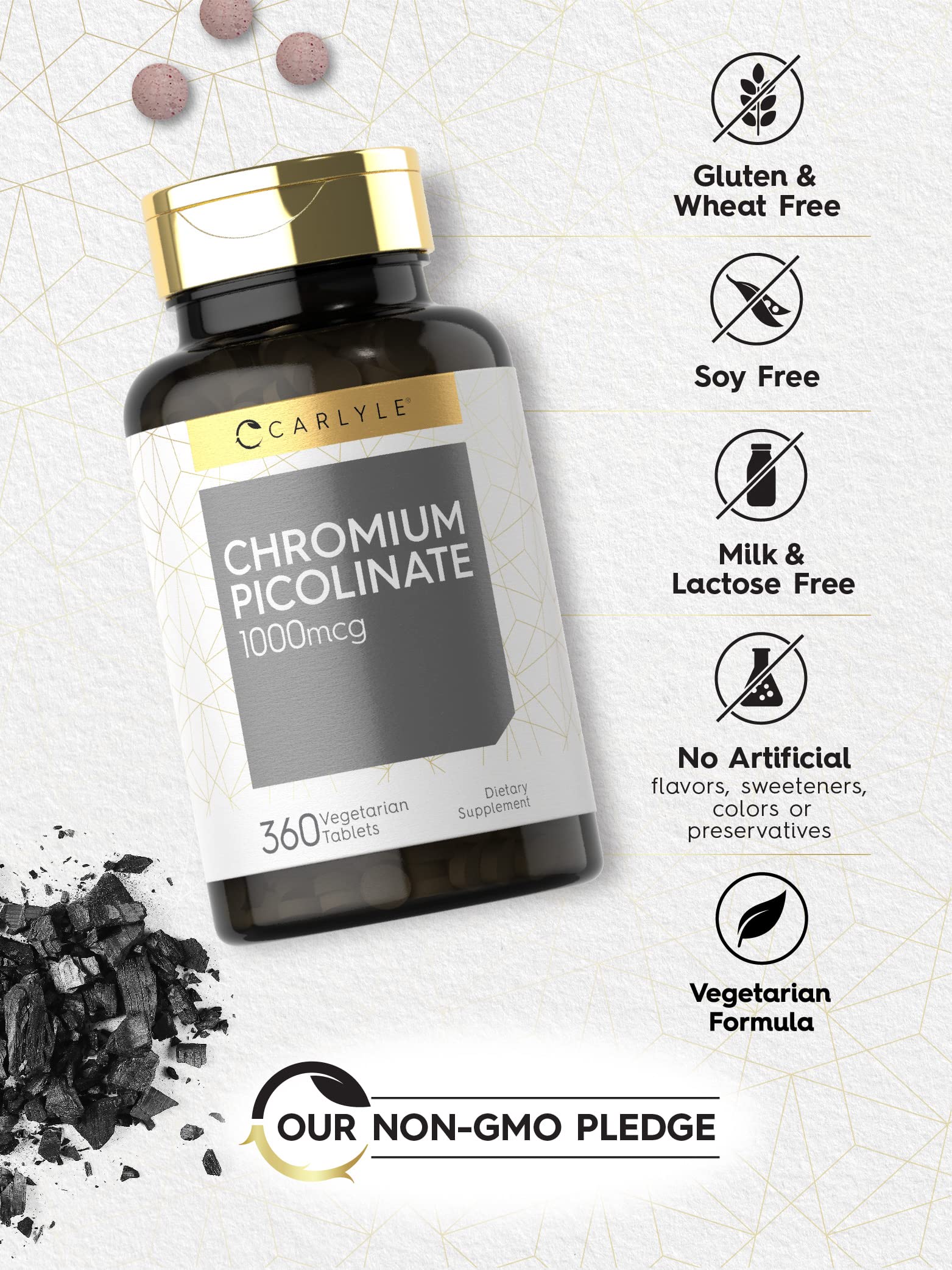 Carlyle Ultra Chromium Picolinate tablet pile emphasizes vegetarian tablet format.