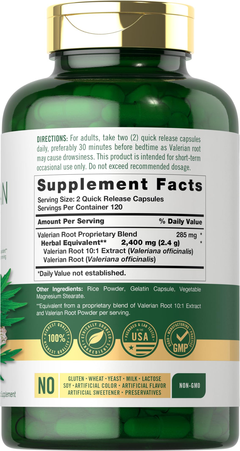 Carlyle Valerian Root bottle back shows gluten-free and non-GMO ingredients.