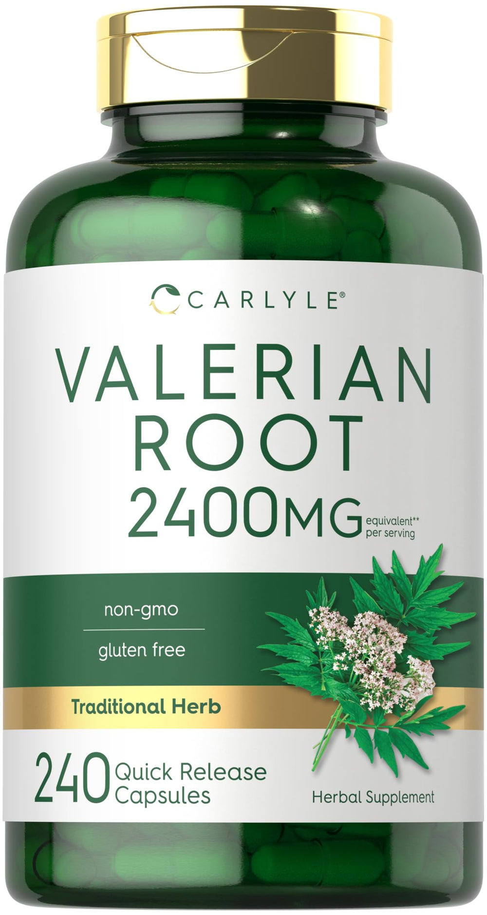Carlyle Valerian Root capsules bottle front promoting calm routine and wellness support.