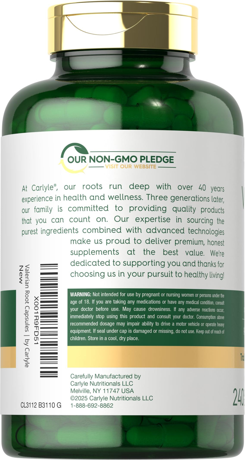Carlyle Valerian Root cap closeup highlights quick-release capsules for convenient dosing.
