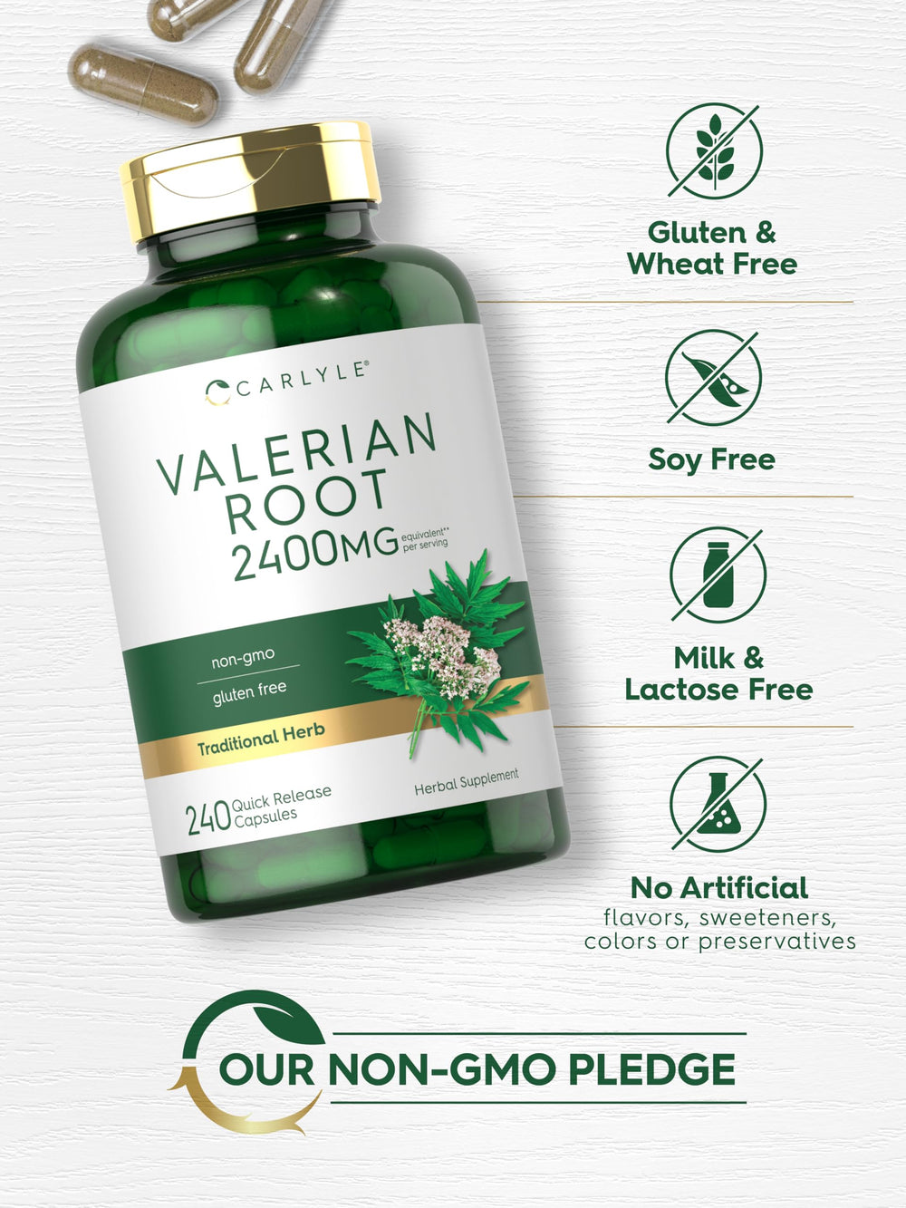 Carlyle Valerian Root ingredients label emphasizes gluten-free and non-GMO quality.