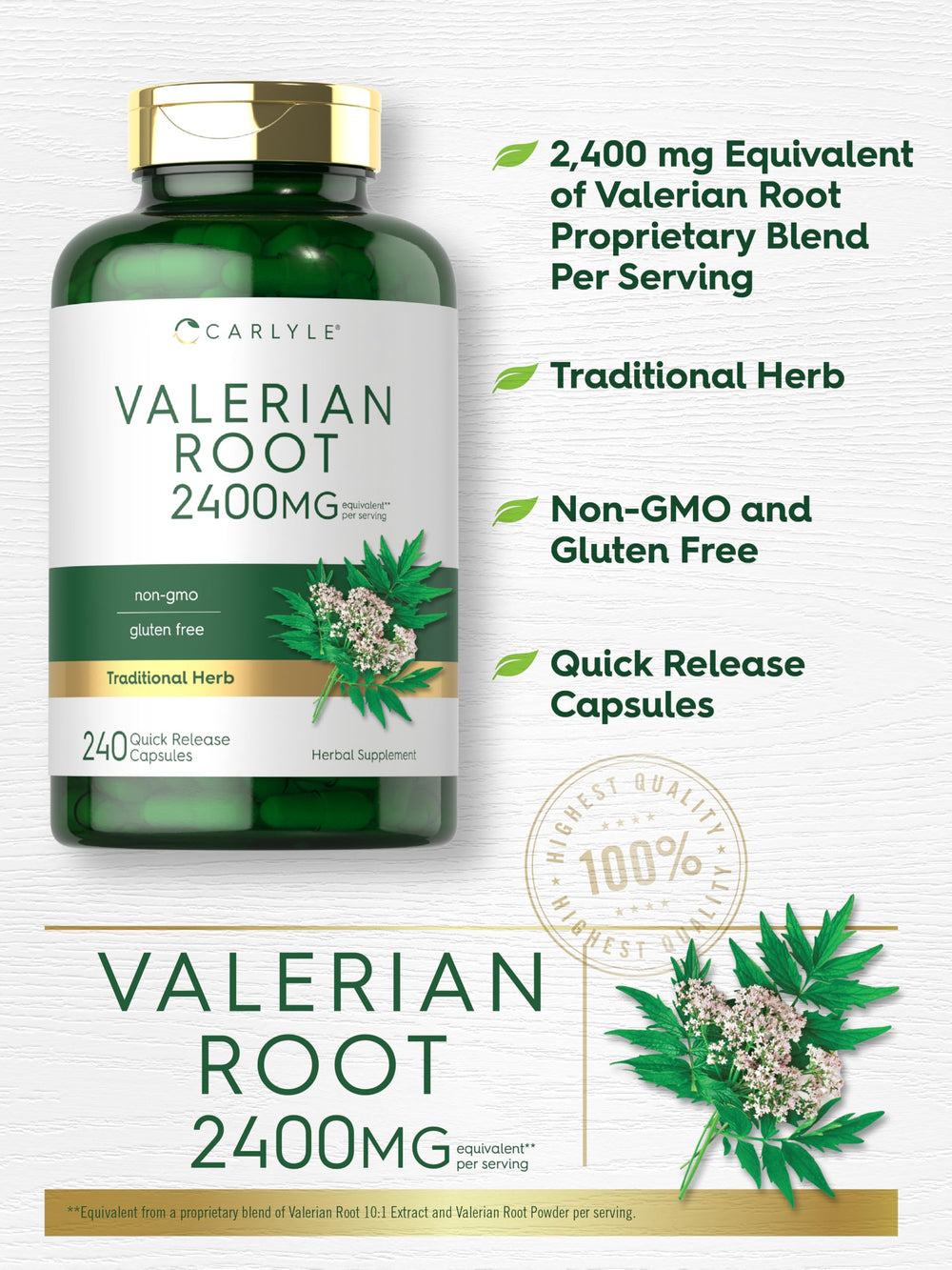 Carlyle Valerian Root tablet-count displays 240 capsules for a convenient ongoing routine.