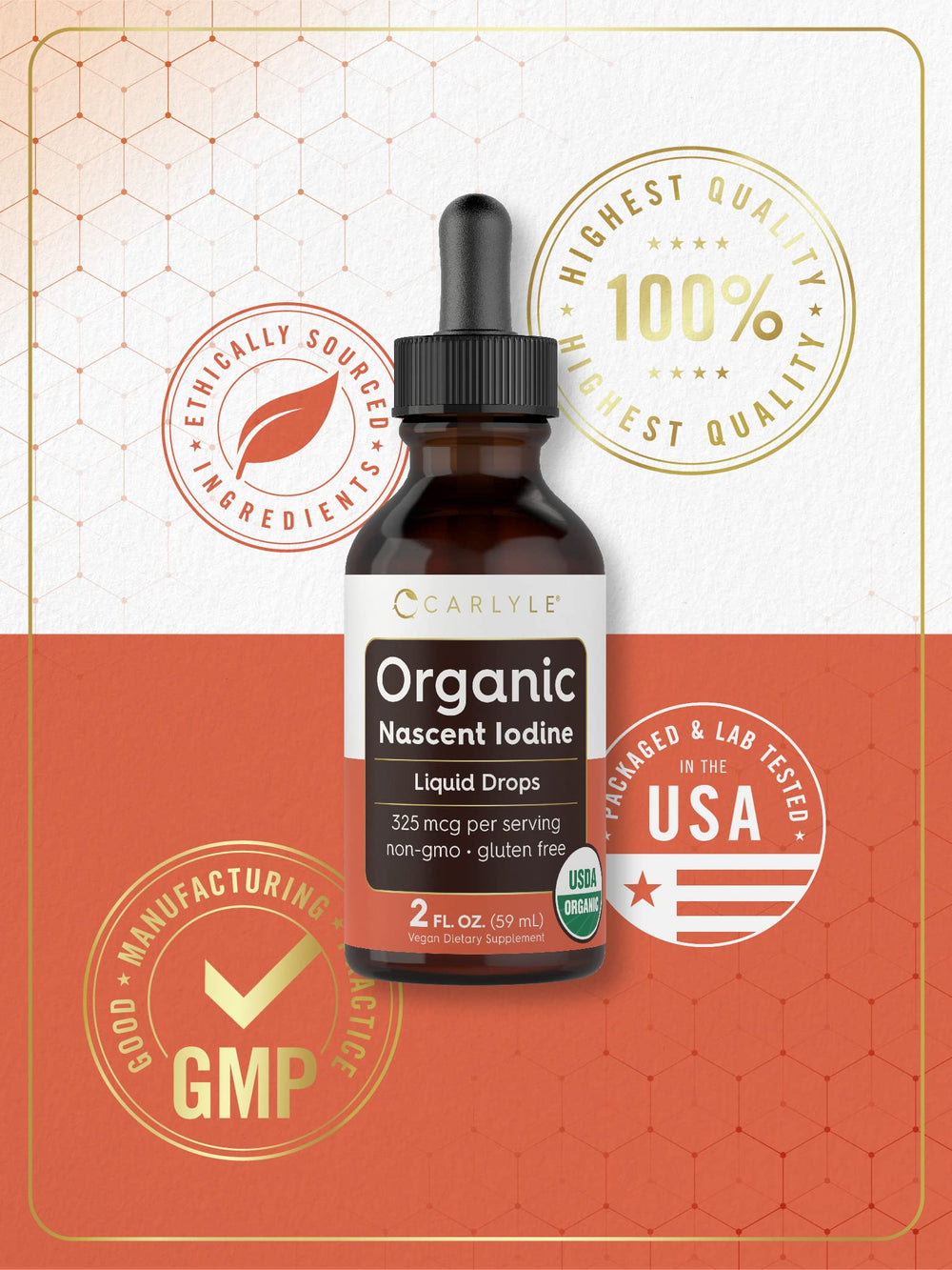 Carlyle vegan non-GMO gluten-free badge on iodine drops