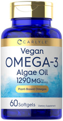 Carlyle Vegan Omega-3 softgels bottle highlighting plant-based DHA benefits.