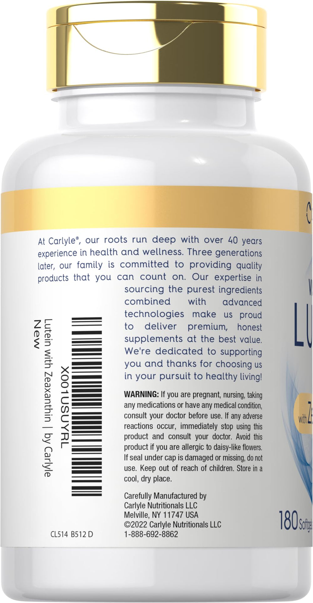 Carlyle Visi-Gold label detail reveals 40 mg lutein and 2 mg zeaxanthin.