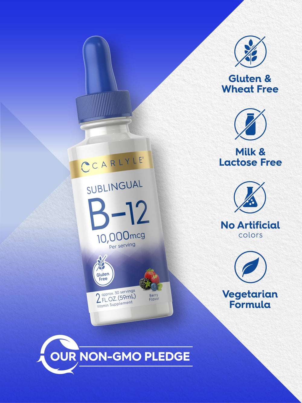 Gluten-free, non-GMO Carlyle B12 drops supporting vegetarian lifestyles.