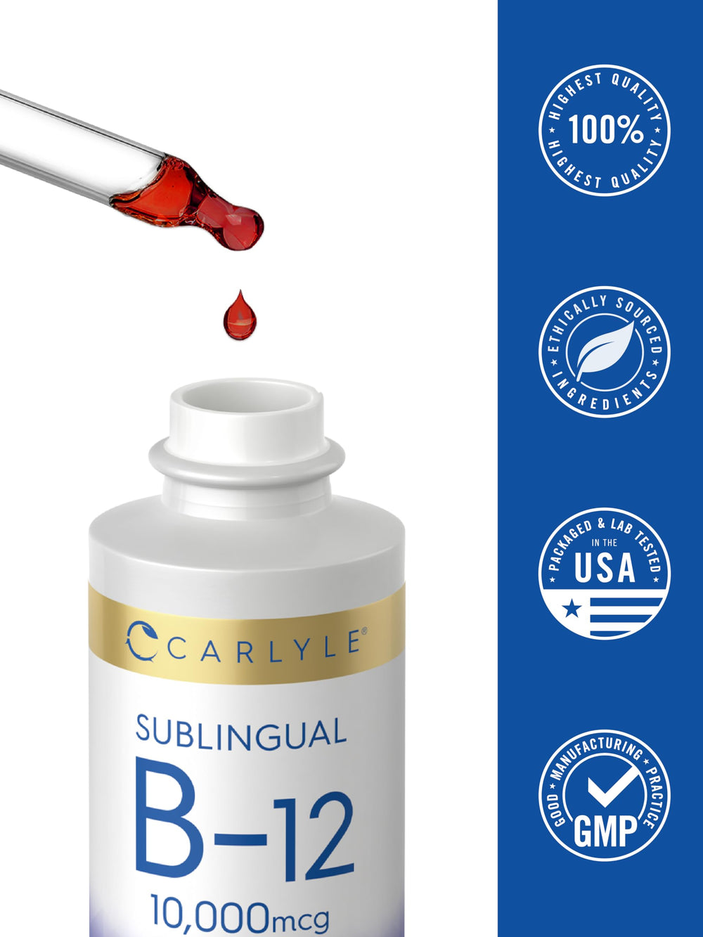 Two-pack Carlyle B12 sublingual drops in travel-friendly packaging.