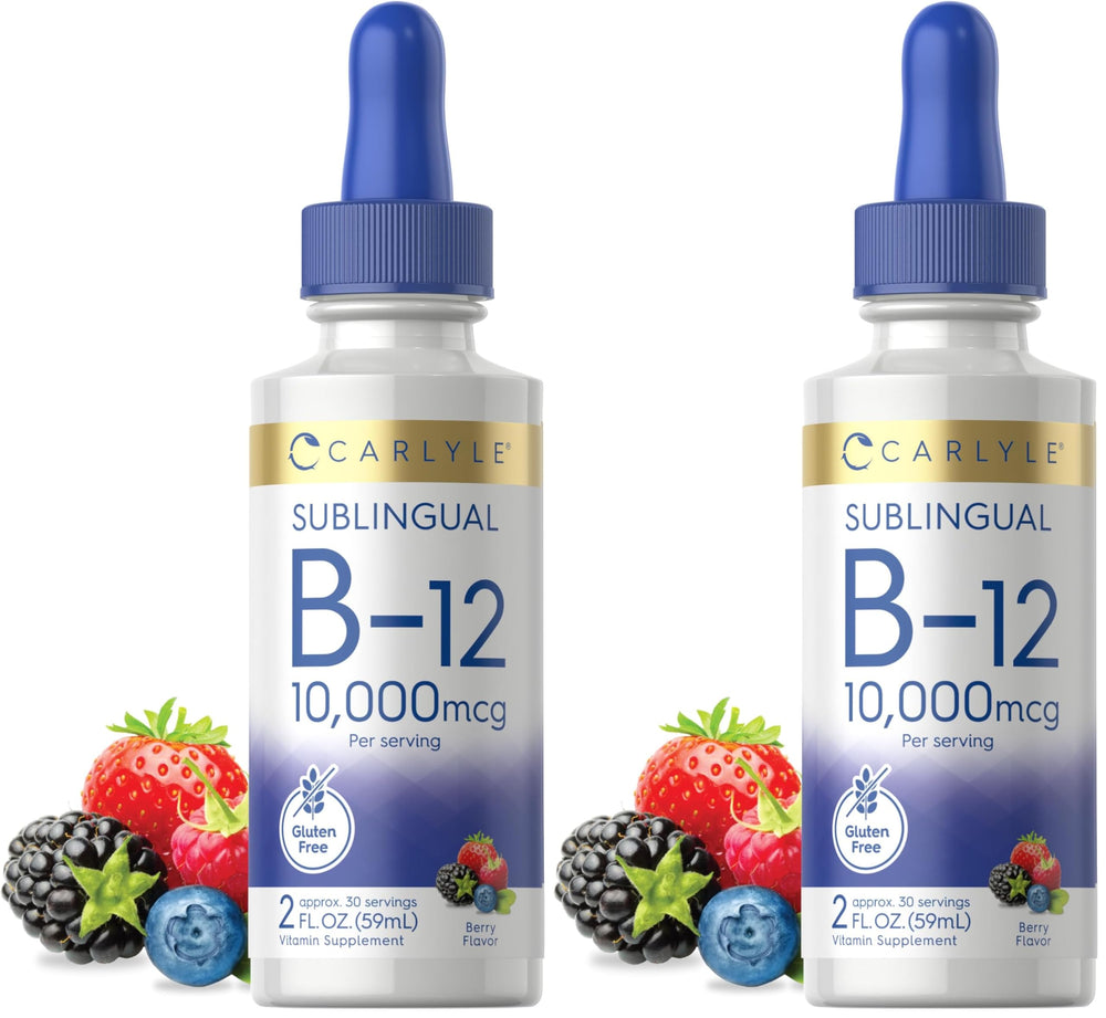 Carlyle Vitamin B12 sublingual drops berry bottle and 2-bottle pack for daily use.
