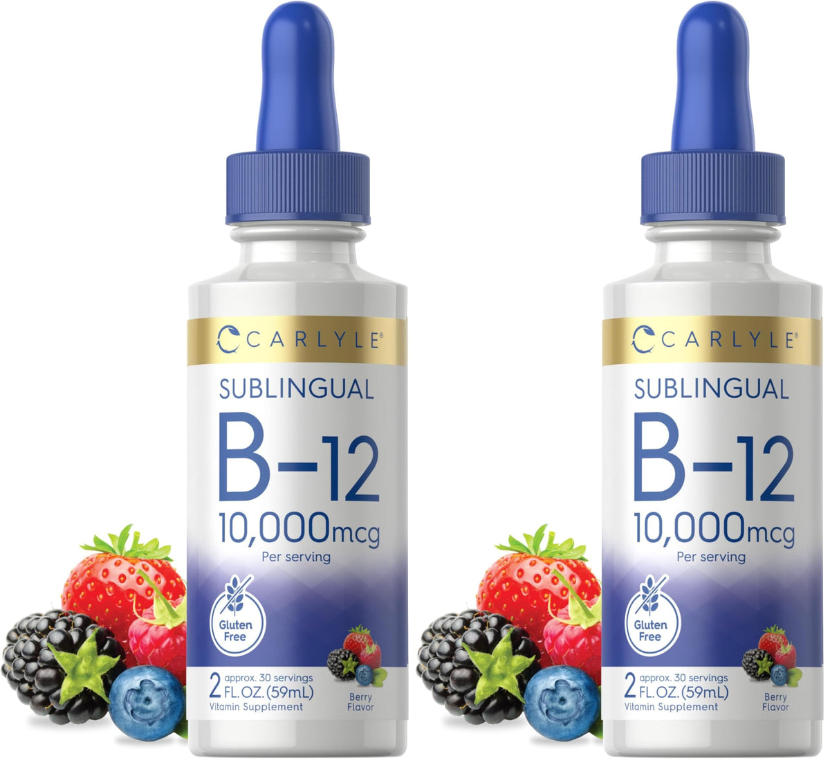 Carlyle Vitamin B12 sublingual drops berry bottle and 2-bottle pack for daily use.
