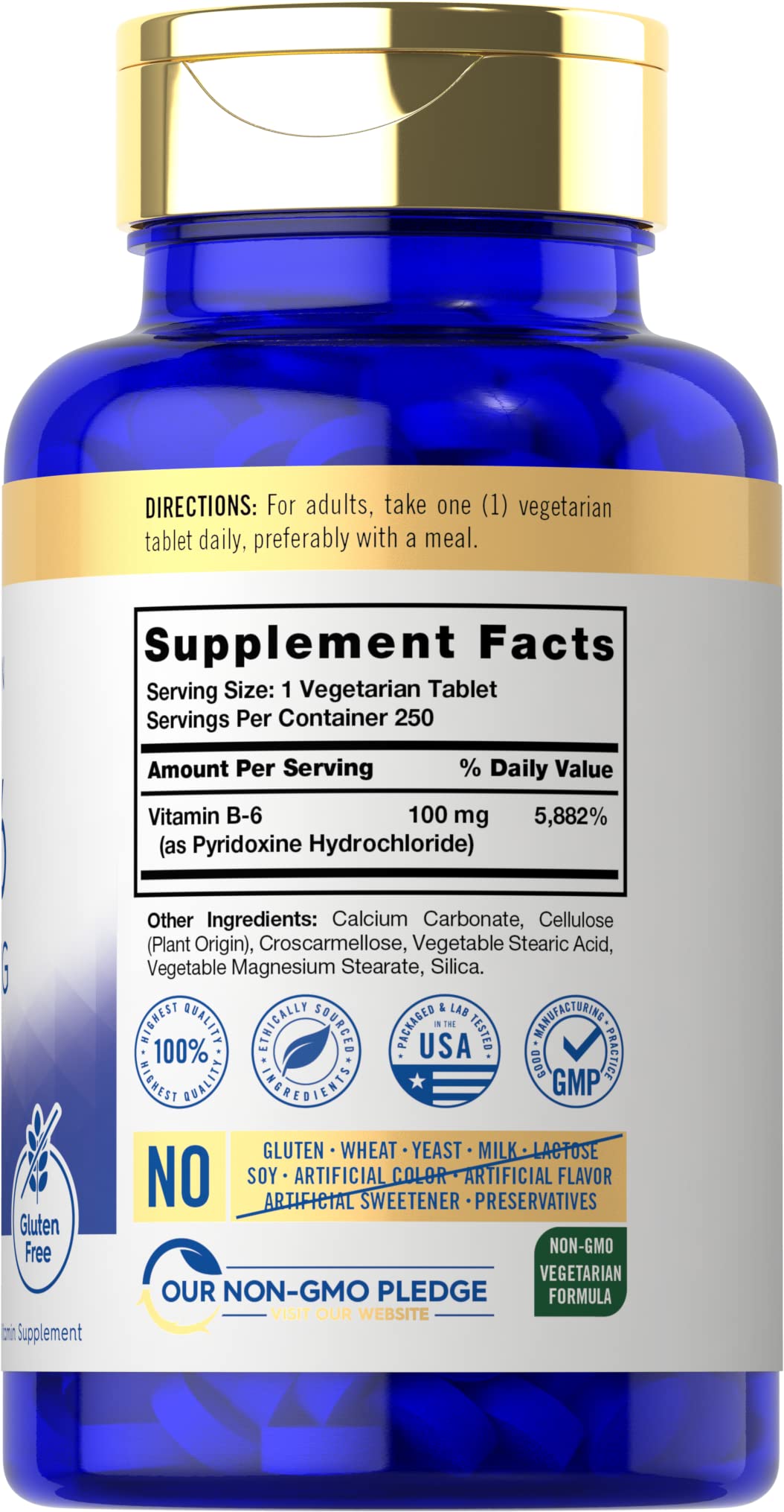 Carlyle Vitamin B6 100mg bottle back showing ingredients and quality notes.