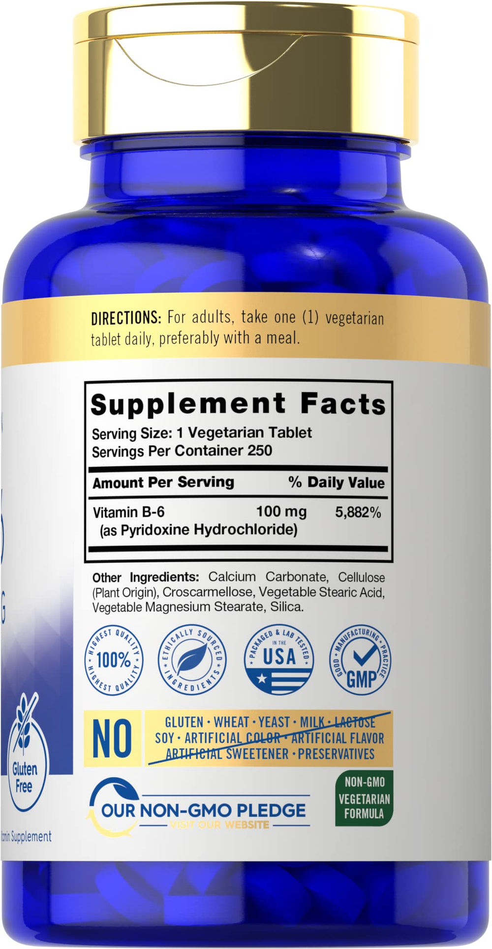 Carlyle Vitamin B6 100mg bottle back showing ingredients and quality notes.