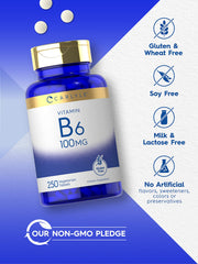 Carlyle Vitamin B6 100mg bottle with label highlighting vegetarian and non-GMO claims.