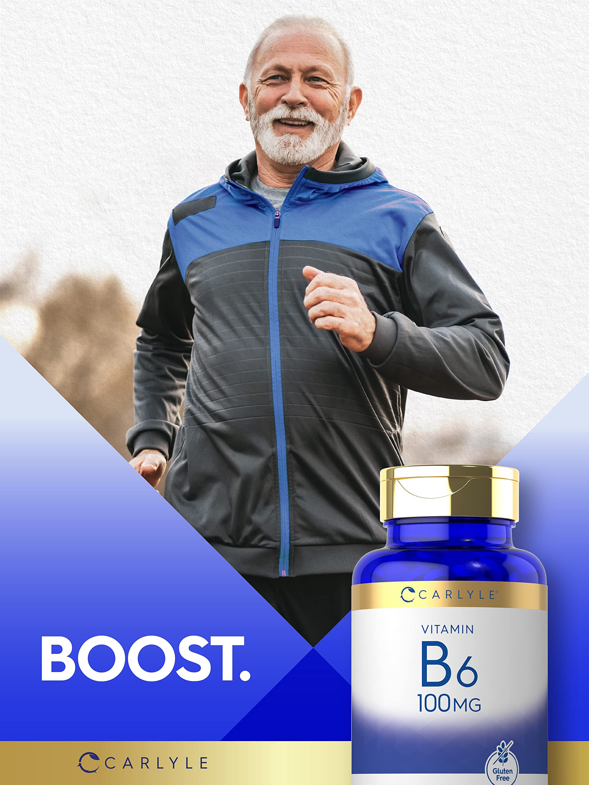 Carlyle Vitamin B6 100mg bottle with glass, easy daily intake on the go.