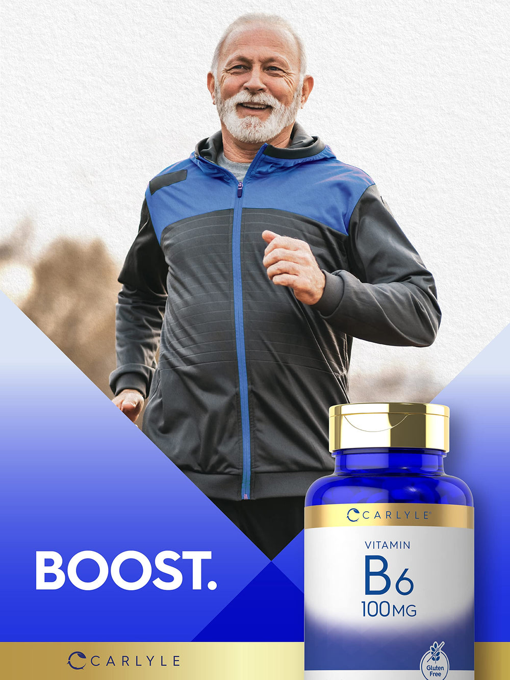 Carlyle Vitamin B6 100mg bottle with glass, easy daily intake on the go.