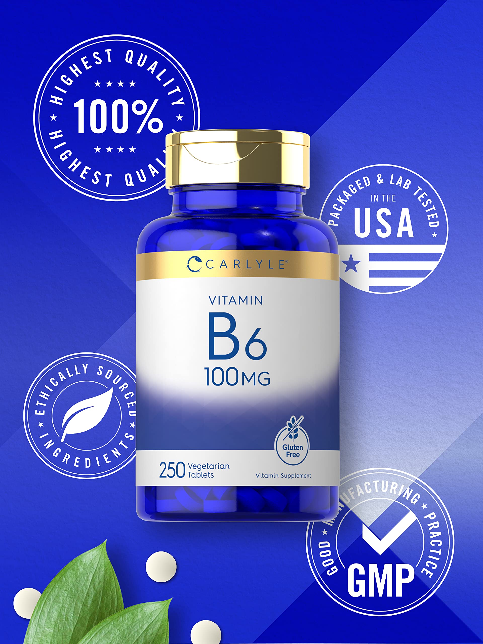 Carlyle Vitamin B6 100mg pill close-up, gluten-free formulation for sensitive diets.