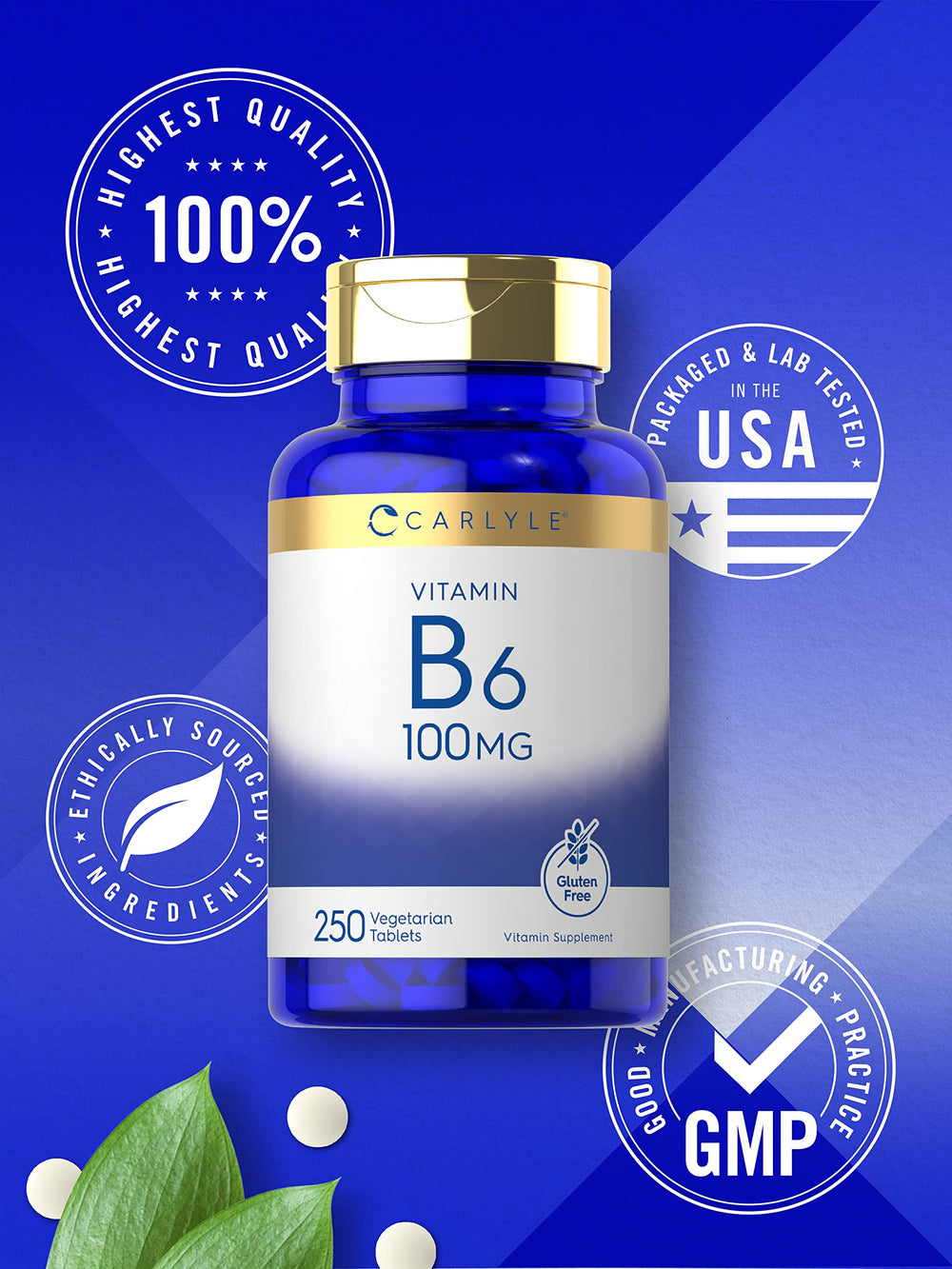 Carlyle Vitamin B6 100mg pill close-up, gluten-free formulation for sensitive diets.