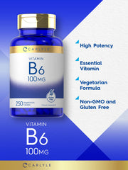 Carlyle Vitamin B6 100mg tablets in a neat pile, high potency daily supplement.