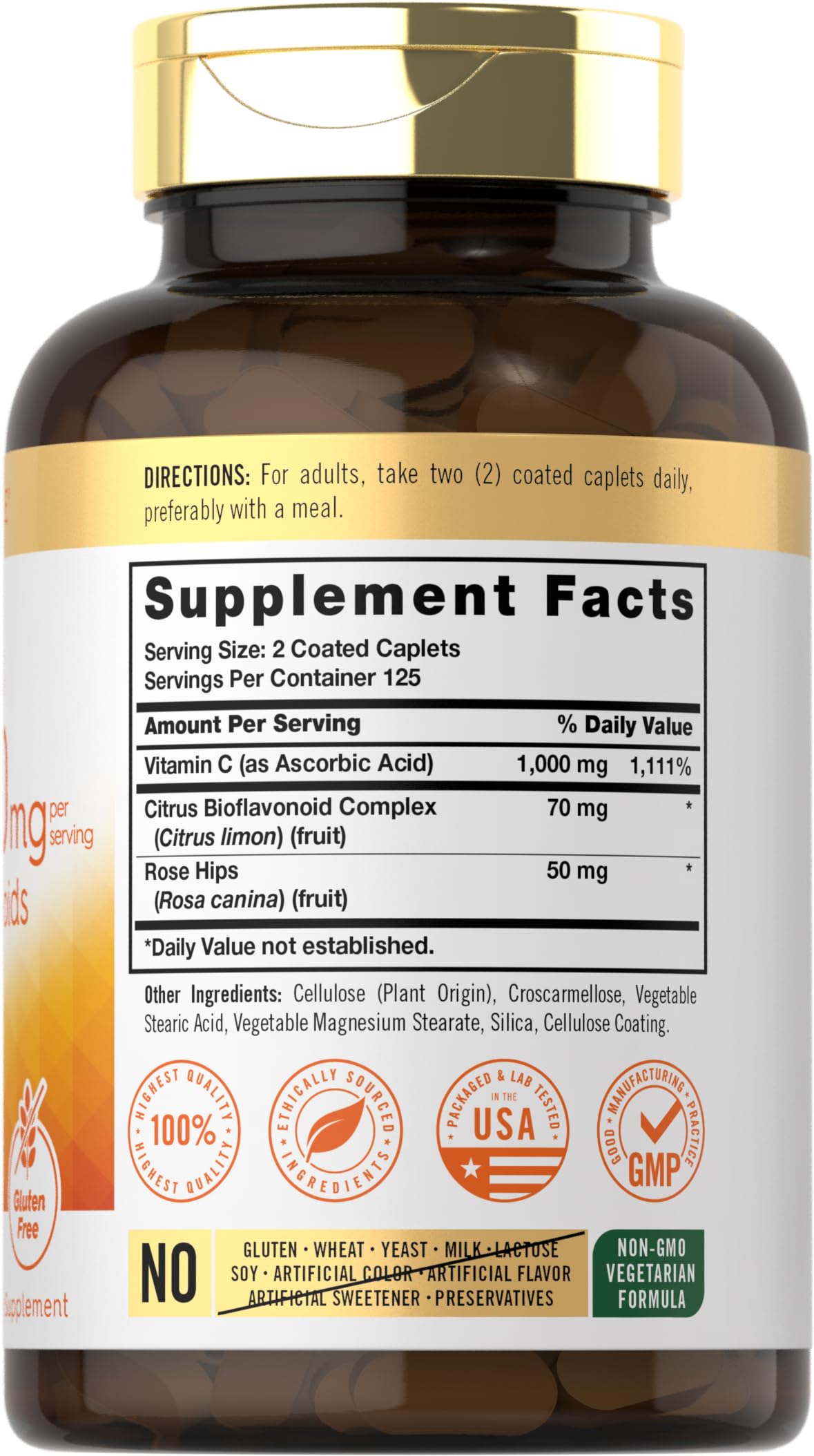 Carlyle Vitamin C bottle and label highlight vegetarian formula for daily wellness.