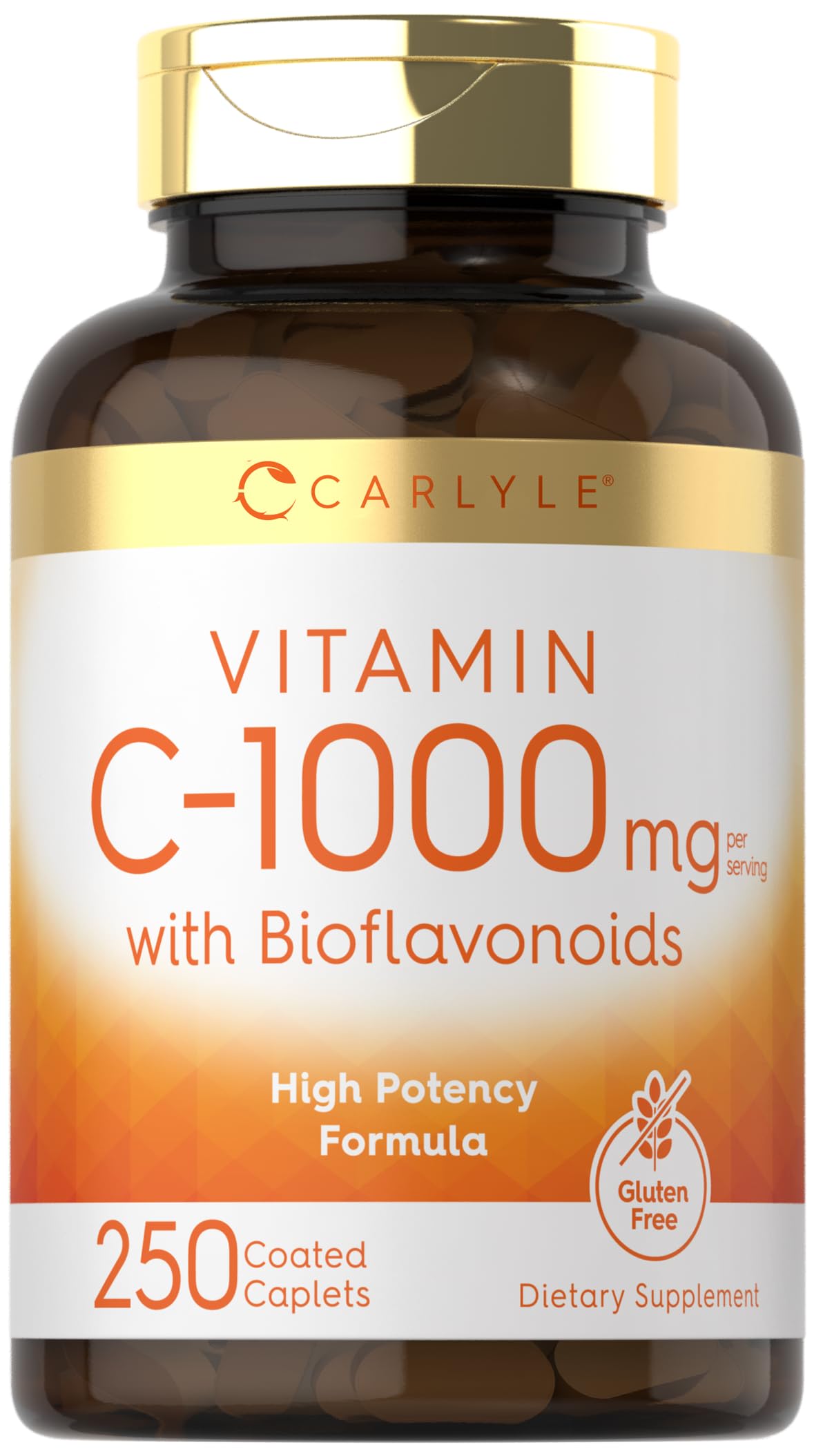 Carlyle Vitamin C 1000mg caplets with bioflavonoids and rose hips on bottle for immune support.