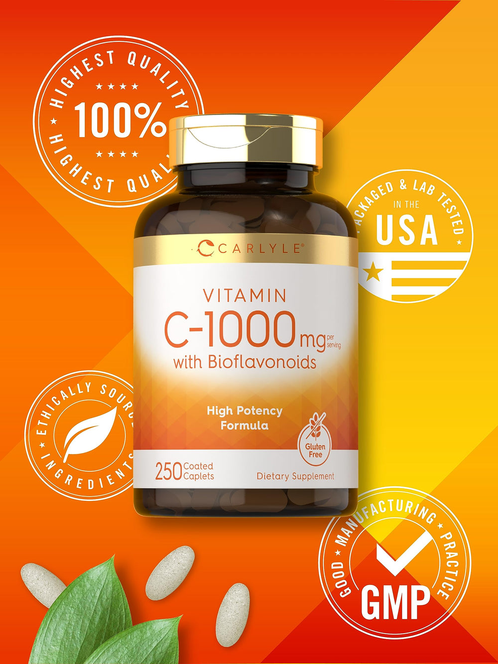 Lab-tested seal on Carlyle Vitamin C supports trusted ingredients.
