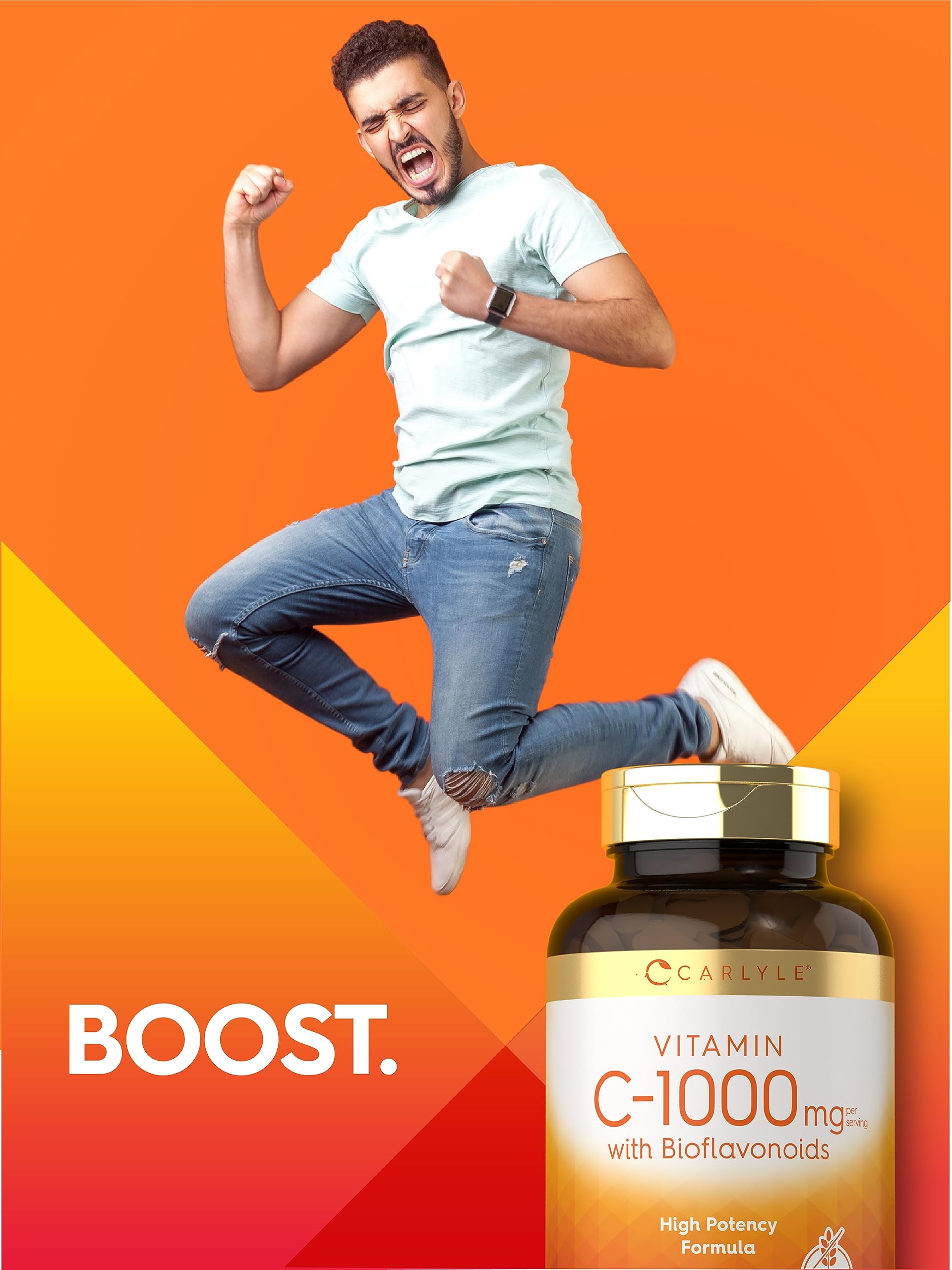 Non-GMO and gluten-free icon beside Carlyle Vitamin C caplets for clean wellness.