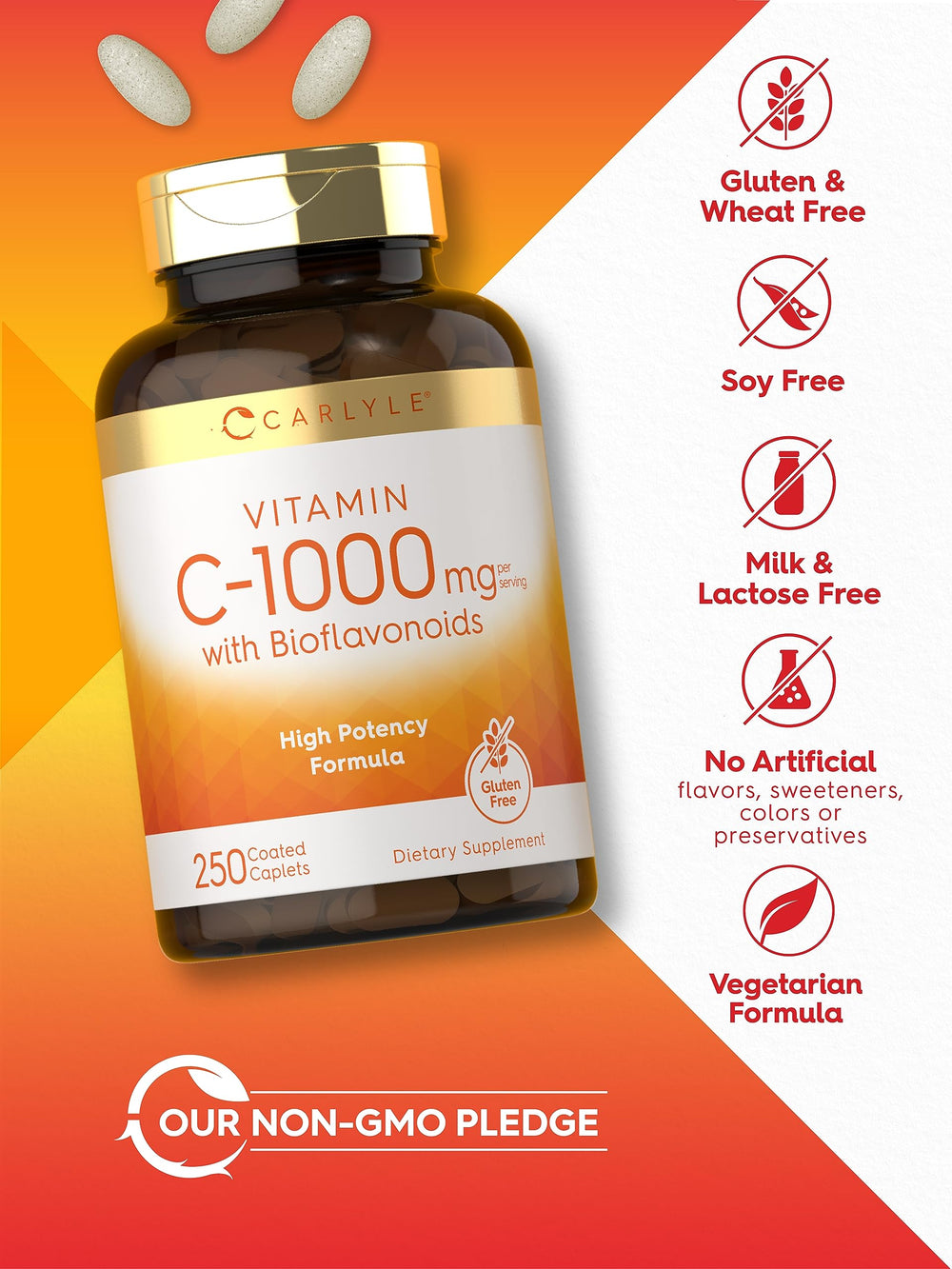 Vegetarian formula badge visible on Carlyle Vitamin C bottle.