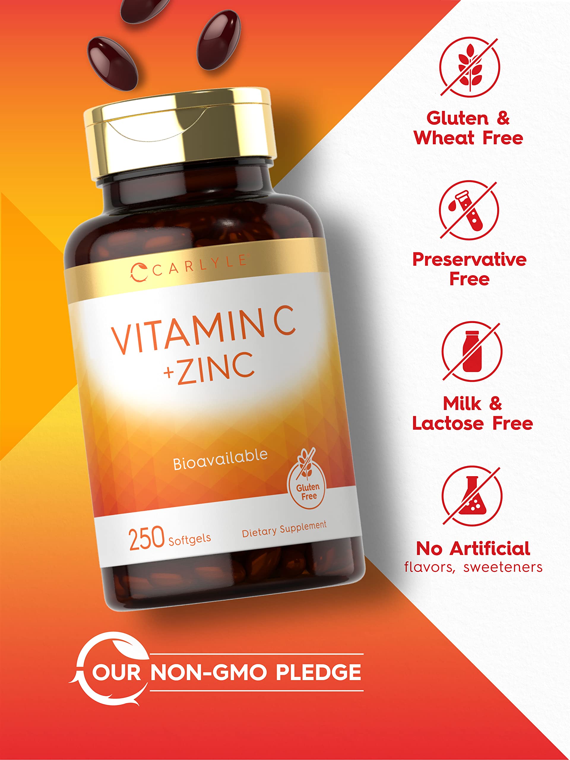 Product label on Carlyle Vitamin C with Zinc showing per-serving dosage