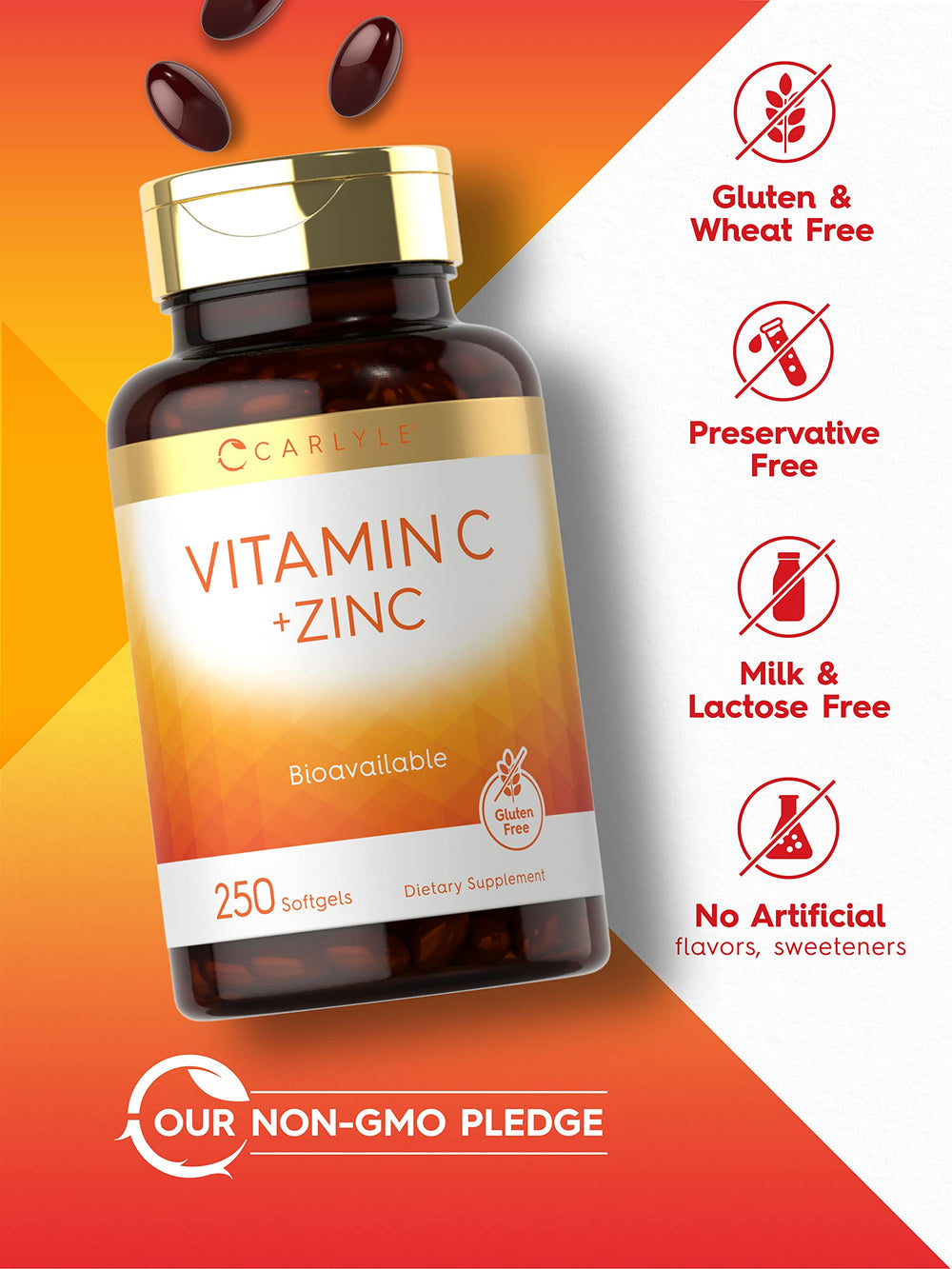 Product label on Carlyle Vitamin C with Zinc showing per-serving dosage