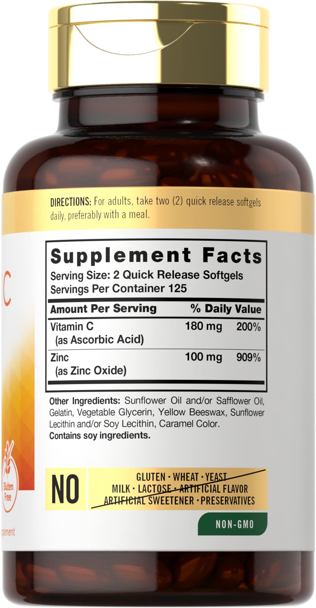 Carlyle Vitamin C with Zinc packaging highlighting gluten-free and non-GMO claims