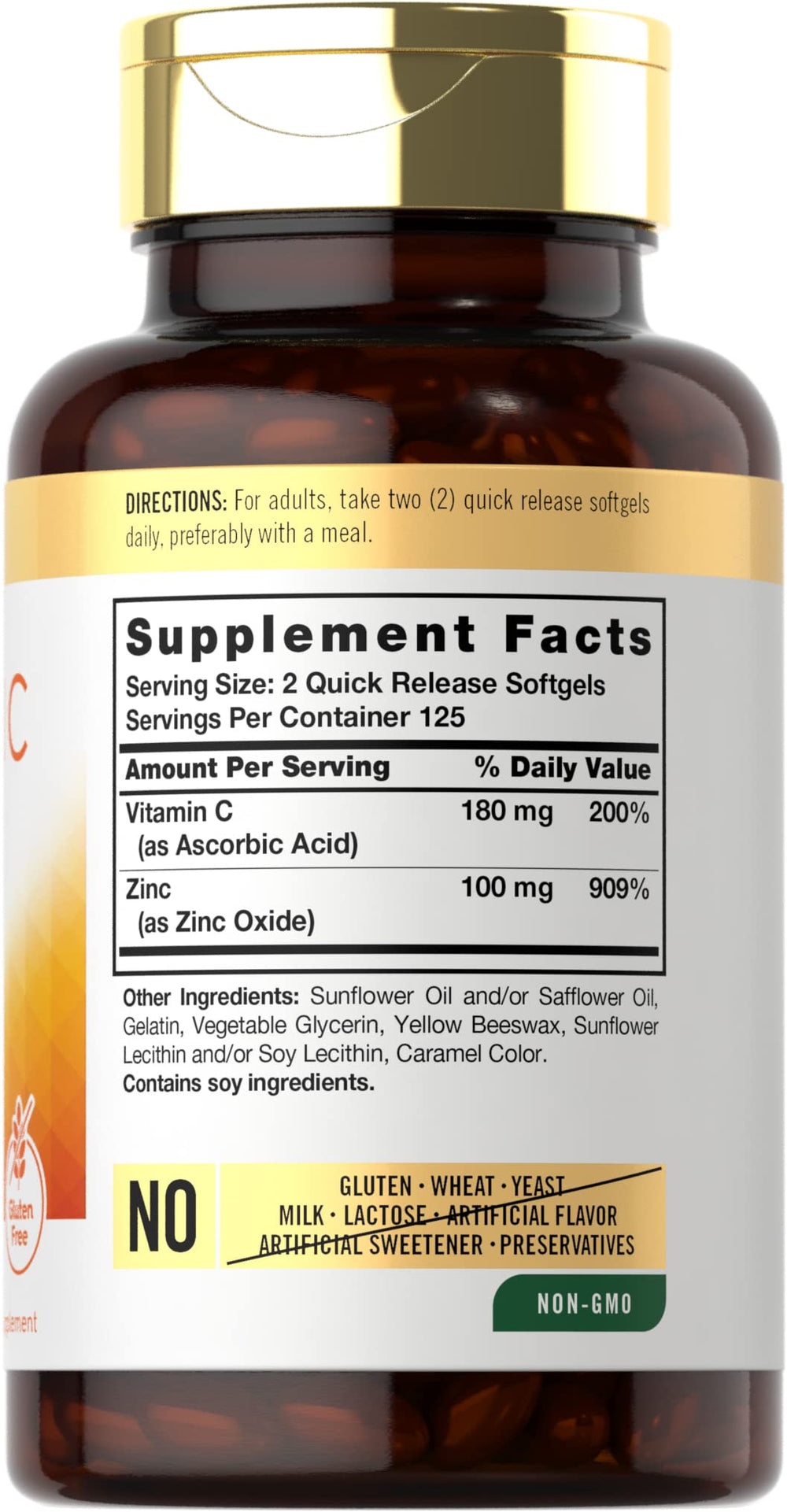 Carlyle Vitamin C with Zinc packaging highlighting gluten-free and non-GMO claims