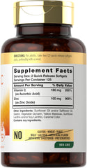 Carlyle Vitamin C with Zinc packaging highlighting gluten-free and non-GMO claims