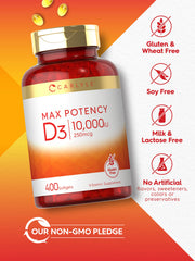 Carlyle Vitamin D 10000 IU bottle in bright sunlight.