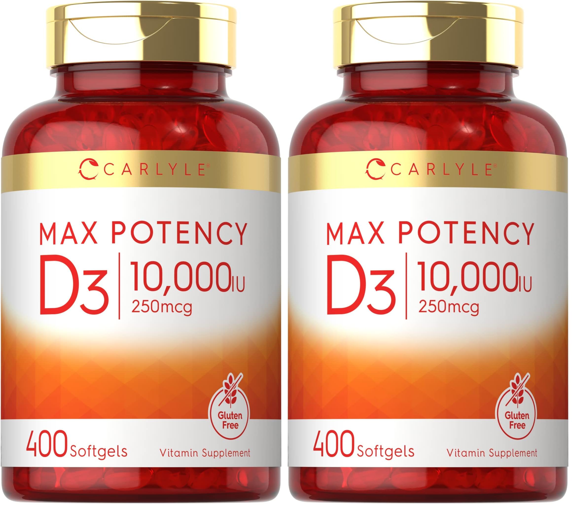 Carlyle Vitamin D 10000 IU softgels bottle front view for daily wellness support.