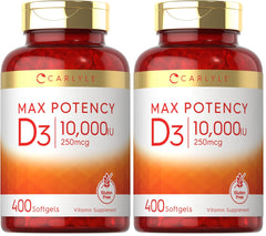 Carlyle Vitamin D 10000 IU softgels bottle front view for daily wellness support.