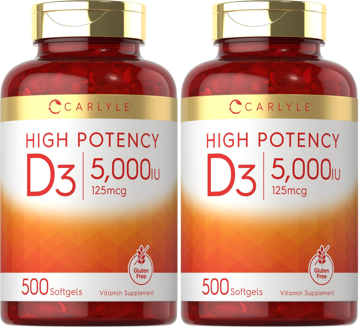 Carlyle Vitamin D3 5000 IU softgels bottle for daily wellness.