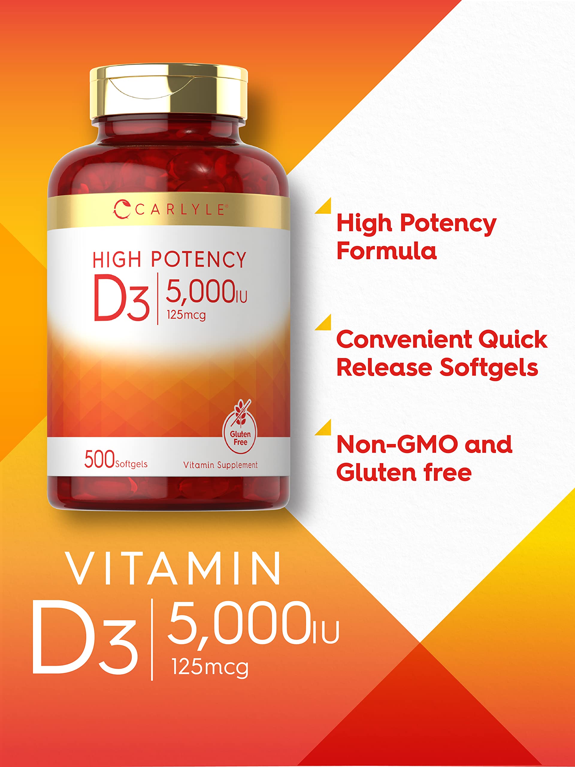 Label on Carlyle Vitamin D3 bottle highlights non-GMO and gluten-free formula.