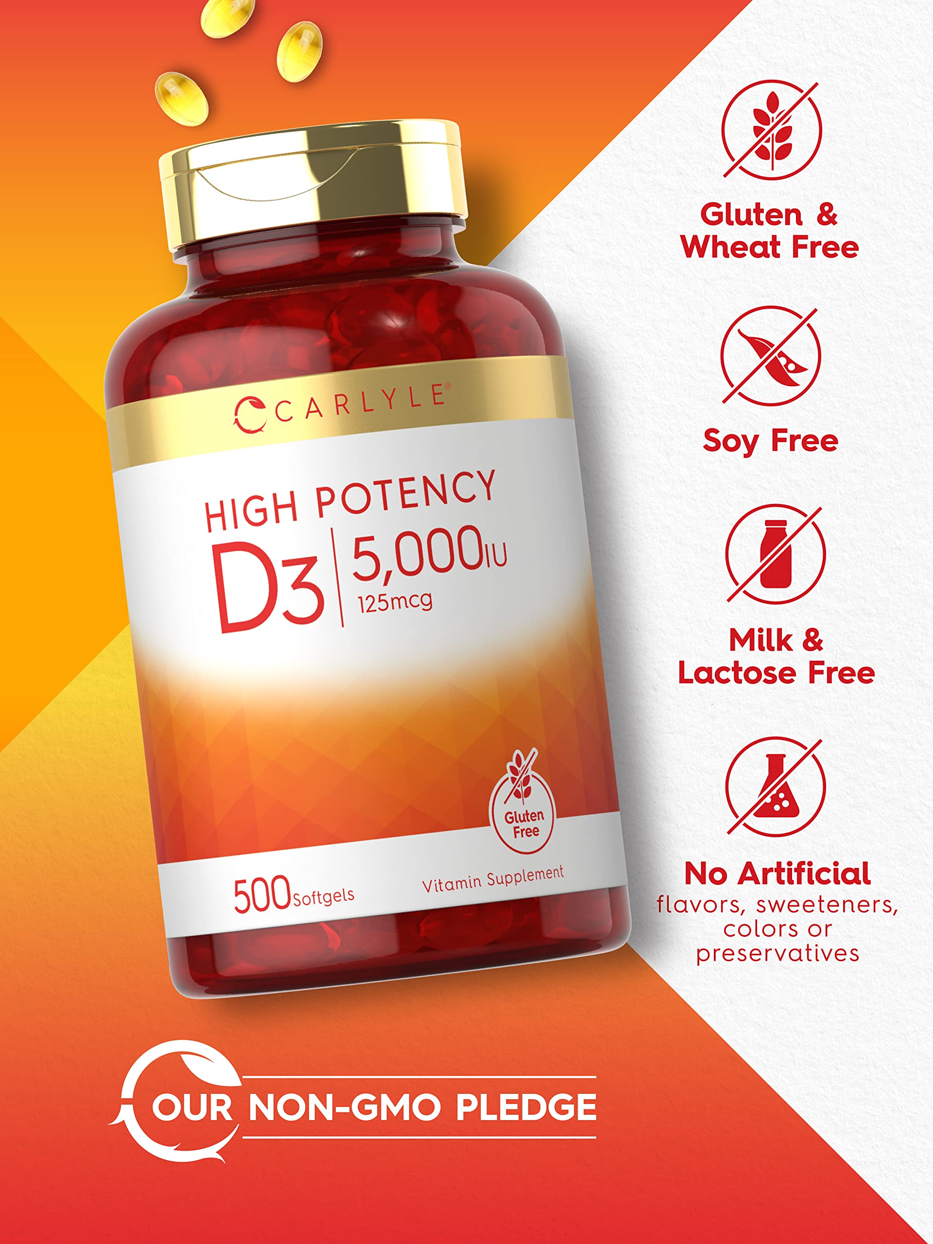 Carlyle Vitamin D3 softgels bottle with non-GMO and gluten-free ingredients.