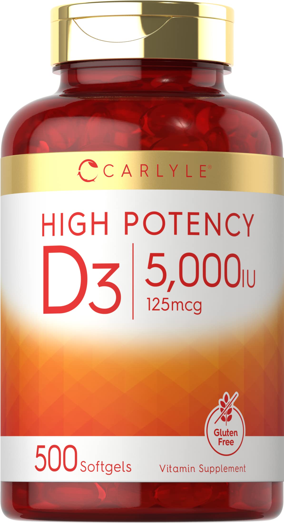 Carlyle Vitamin D3 5000 IU softgels bottle for daily wellness.