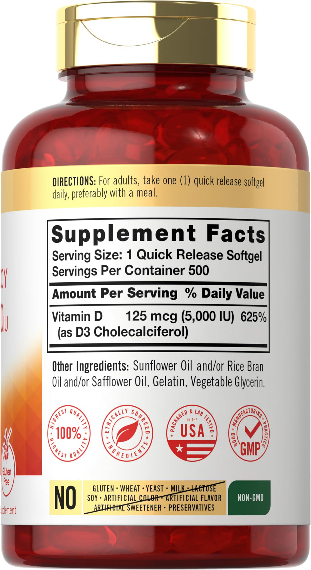 Carlyle Vitamin D3 bottle close-up showing non-GMO and gluten-free claims.