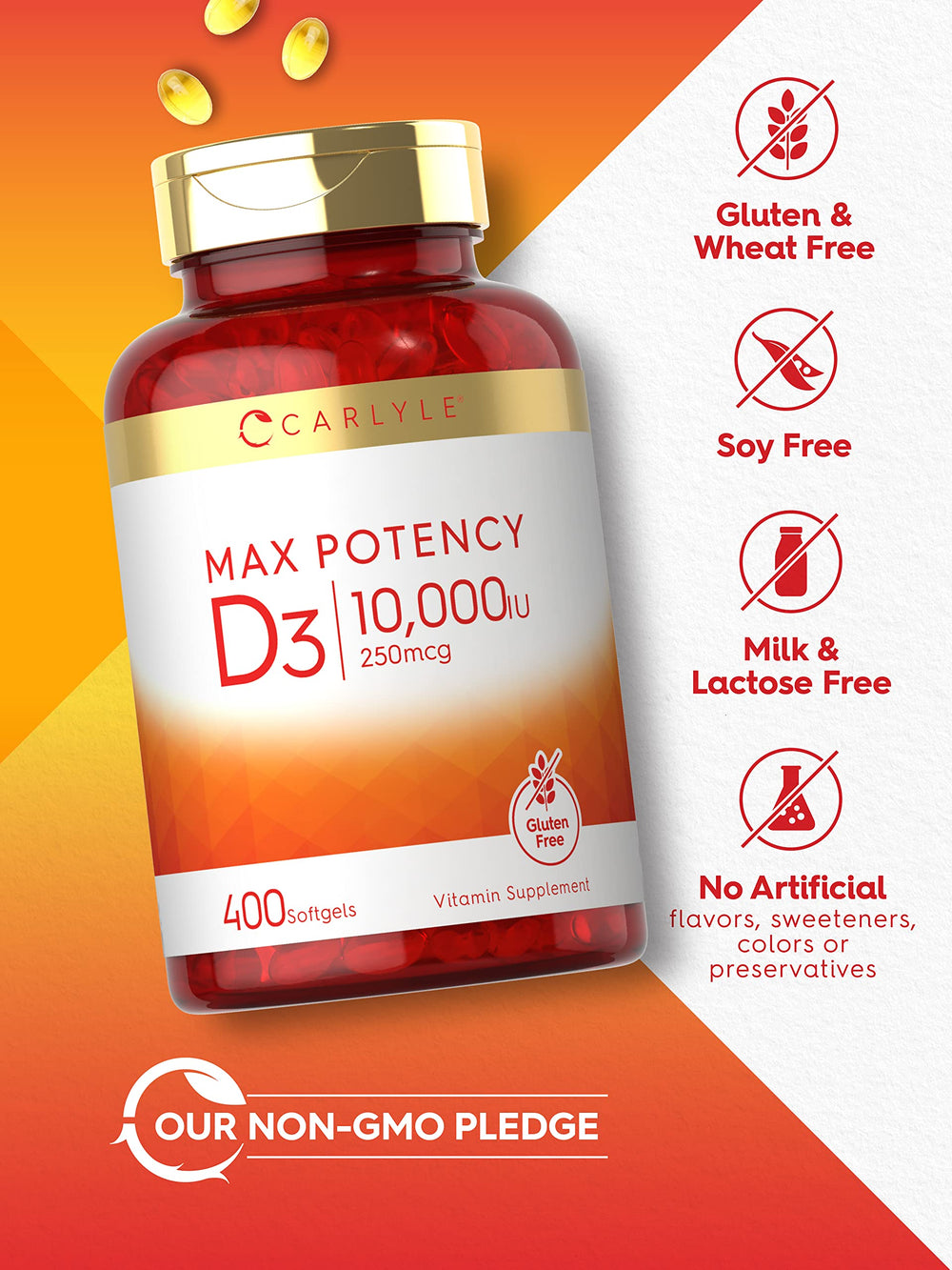 Carlyle Vitamin D3 bottle packaging highlighting max potency