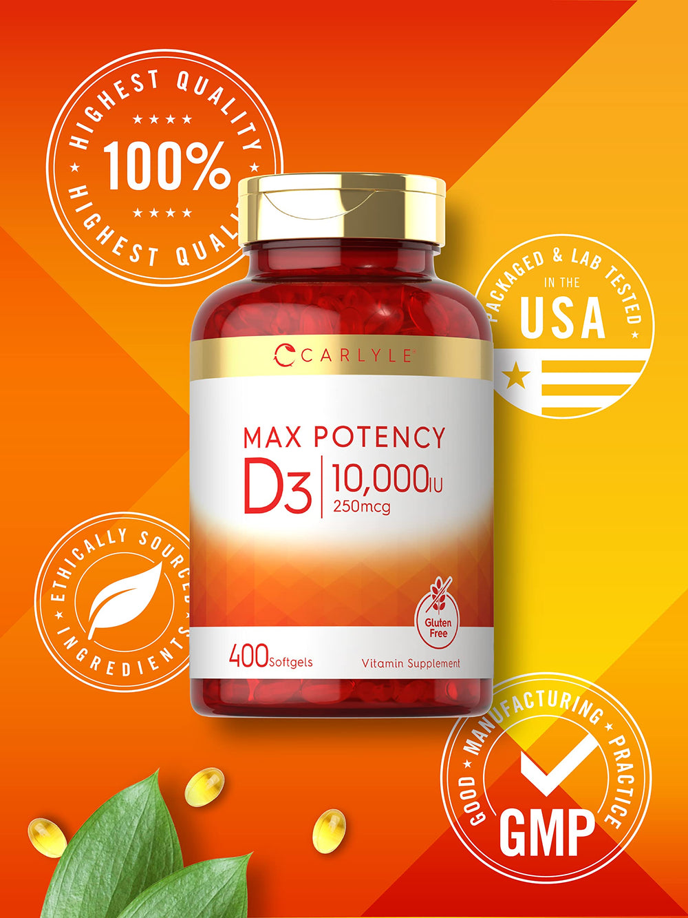 Carlyle Vitamin D3 non-GMO gluten-free seal on label