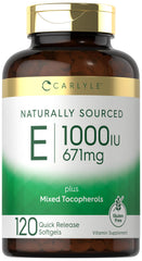 Carlyle Vitamin E 1000 IU softgels bottle for high-potency daily wellness.
