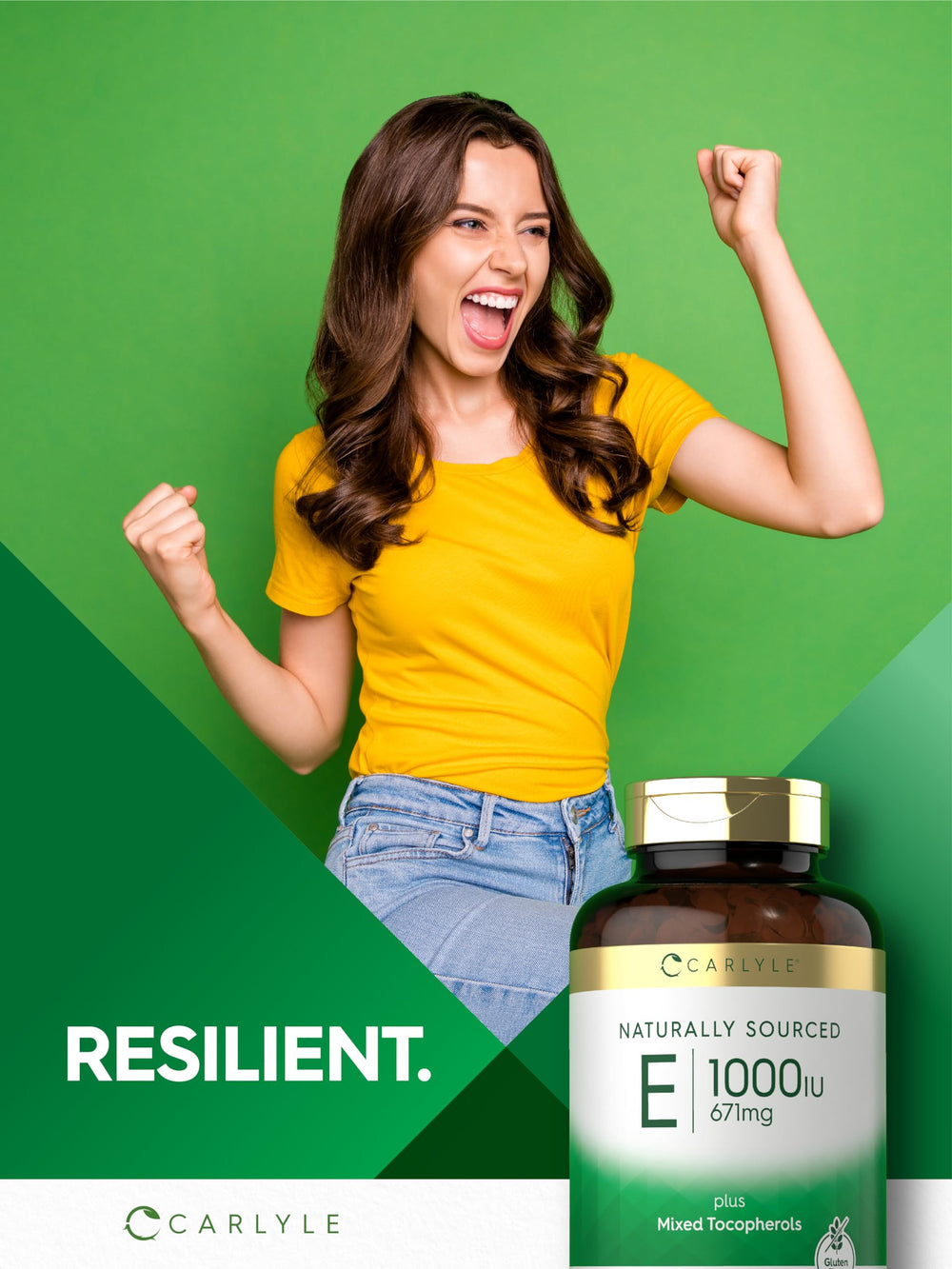 Carlyle Vitamin E 1000 IU softgels bottle with glossy cap packaging.