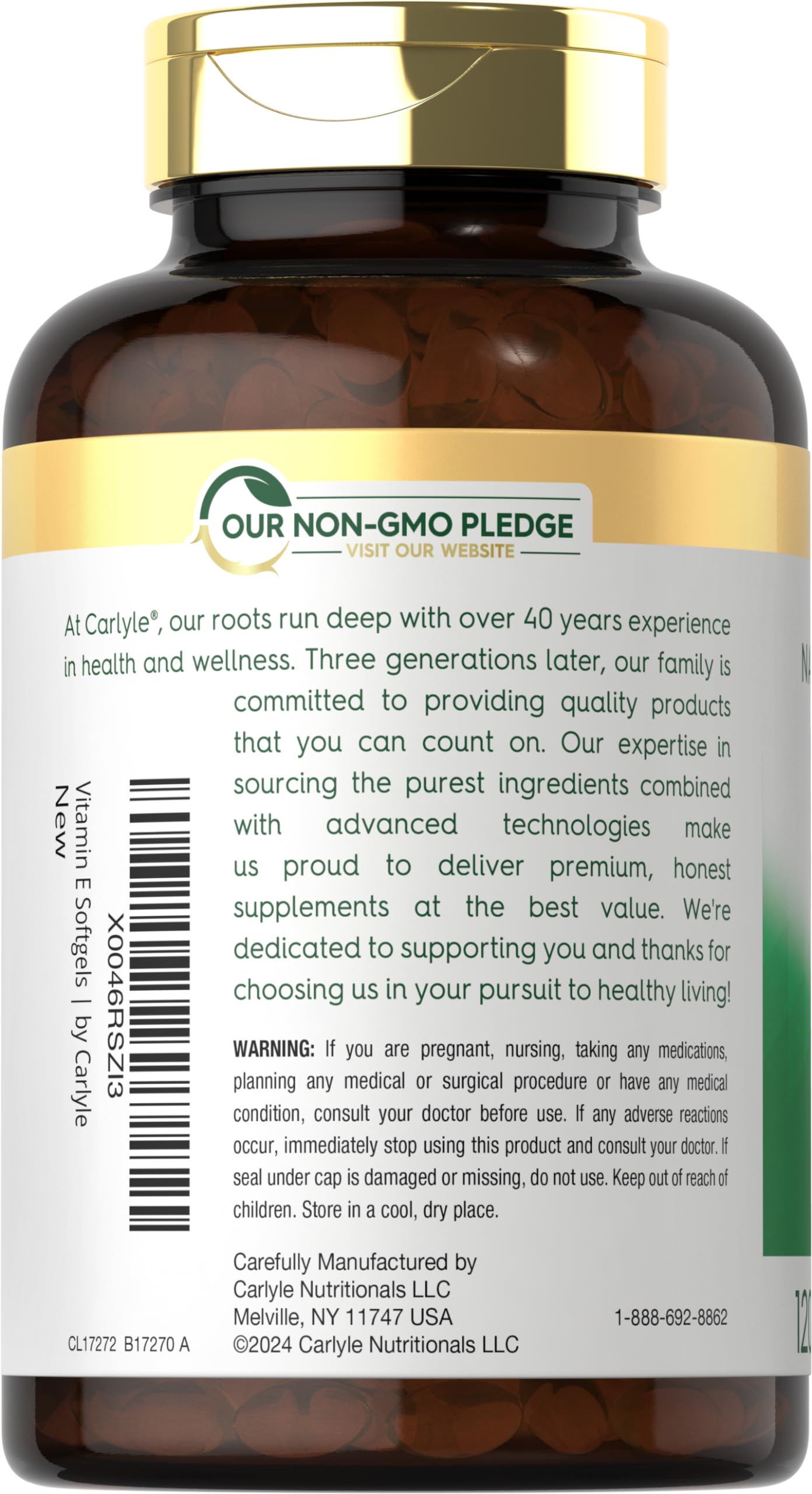 Carlyle Vitamin E 1000 IU softgels label with mixed tocopherols.
