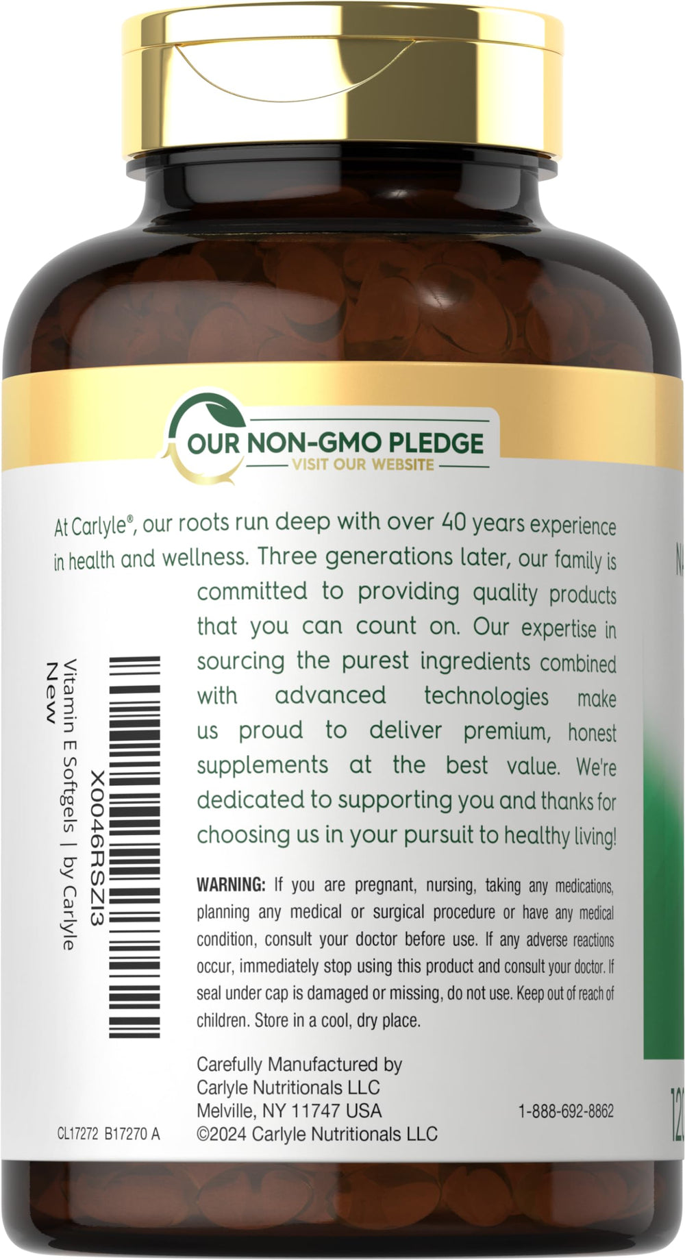Carlyle Vitamin E 1000 IU softgels label with mixed tocopherols.
