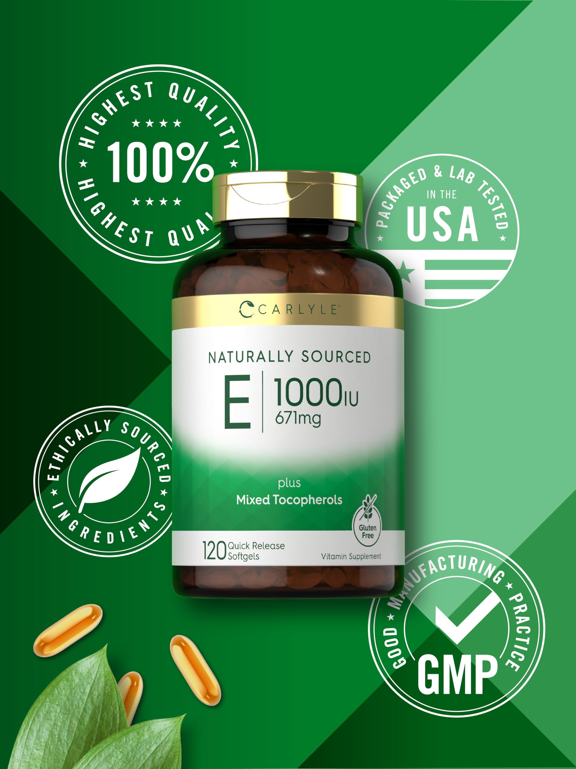 Nutrition facts panel for Carlyle Vitamin E 1000 IU softgels product.