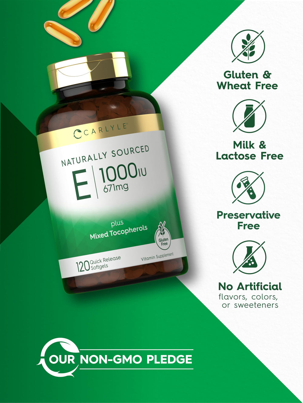 Carlyle Vitamin E 1000 IU softgels packaging highlights gluten-free and non-GMO.